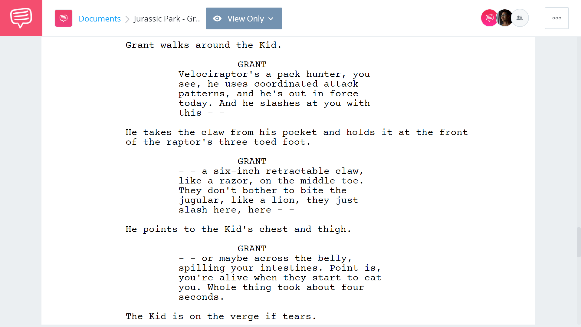 Jurassic Park Script Teardown - Grant Speech About Velociraptors- StudioBinder Screenwriting Software