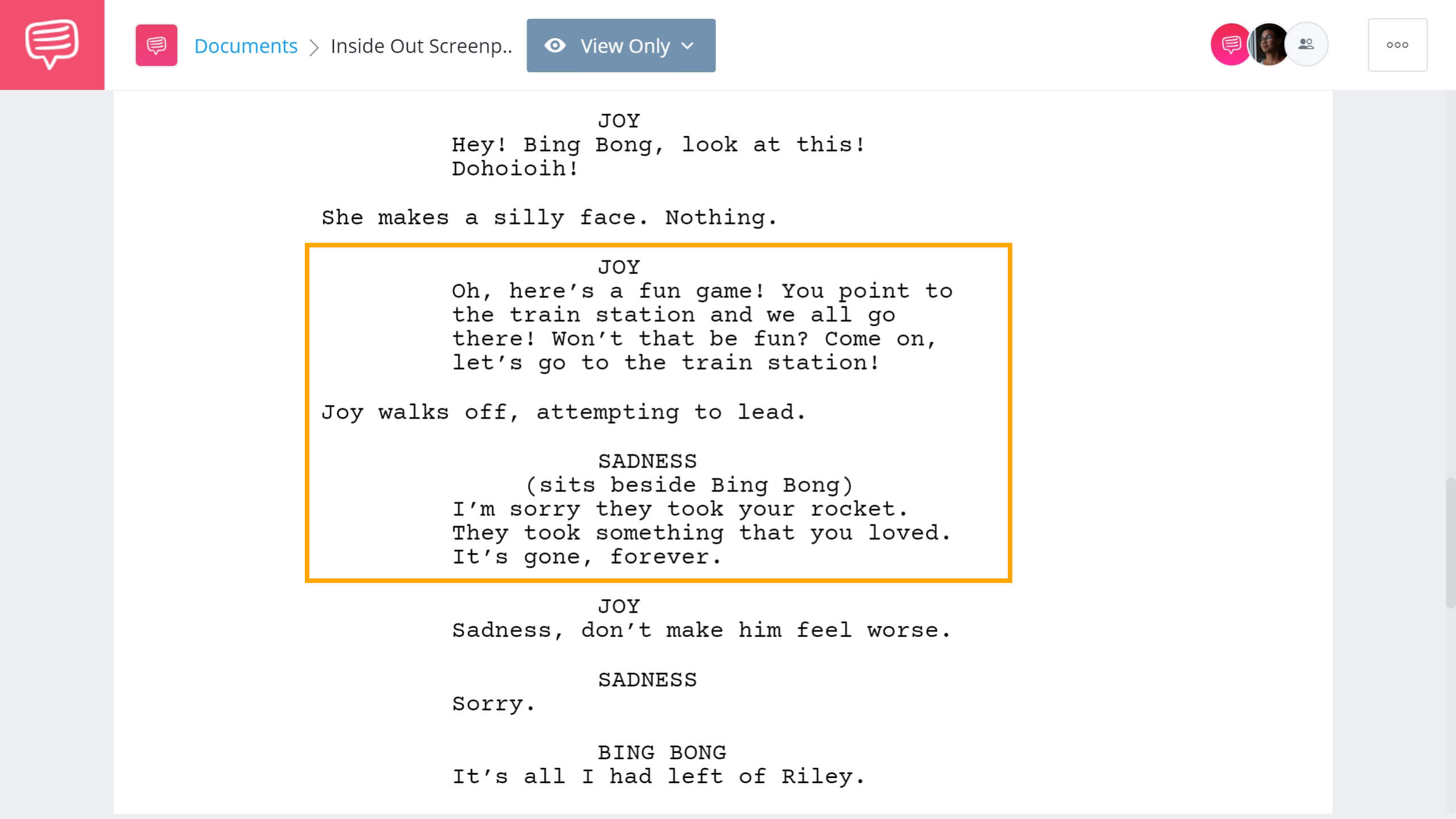 Inside Out Script Teardown Sadness Comforts Bing Bong Scene StudioBinder Screenwriting Software