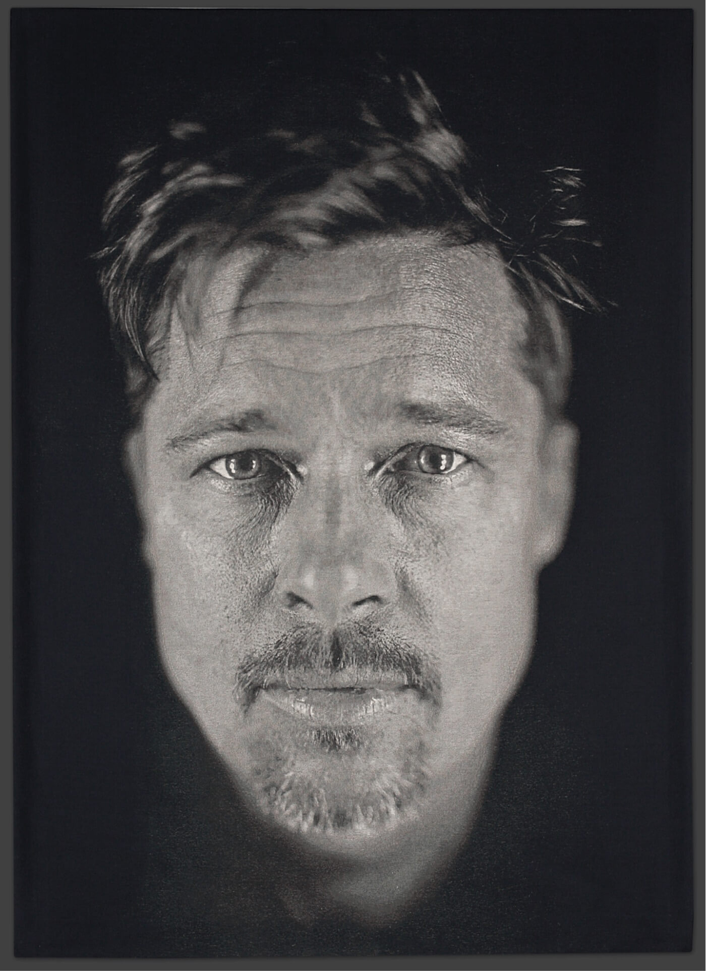 A photorealistic portrait of Brad Pitt by Chuck Close ()